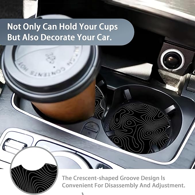 Car Coasters Topographic Cup Holder,Black Contour Map Cute Coasters,2 Pack Anti Slip Ceramic Car Cup Holder Accessories with Finger Notch for Women Men 2.56"