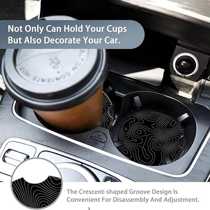 Car Coasters Topographic Cup Holder,Black Contour Map Cute Coasters,2 Pack Anti Slip Ceramic Car Cup Holder Accessories with Finger Notch for Women Men 2.56"
