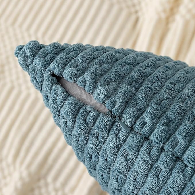 Kevin Textile Throw Pillow Covers Soft Corduroy Decorative Set of 2 Boho Striped Pillow Covers Pillowcases Farmhouse Home Decor for Couch Bed Sofa Living Room 26x26 Inch Blue Grey