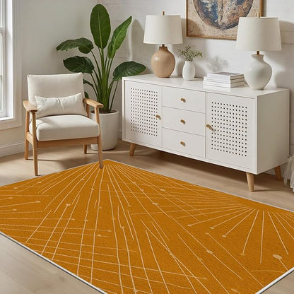 Modern Washable Area Rug 4x5, Boho Minimalist Non-Slip Rugs, Abstract Striped Soft Carpet for Living Room Bedroom Nursery Room Home Decor Office, Pet Friendly, Orange Beige