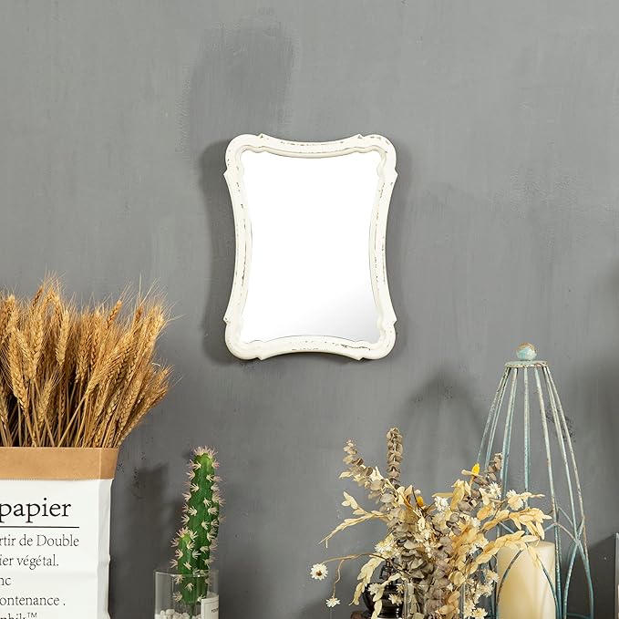 Rustic Wood Framed Small Wall Mirror Decor 12 x 9 inches, Handmade Distressed White Vintage Decorative Mirror, Farmhouse Bathroom Mirrors for Vanity, Hanging Ornate Accent Sculpted Mirrors