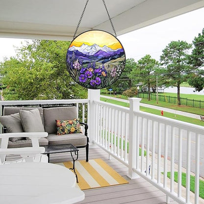 Valley Stained Glass Window Hanging, 7.8" Round Sun Catcher Hand Painted Wall Art Decor with Chain, Unique Housewarming Gifts for Couples, Home