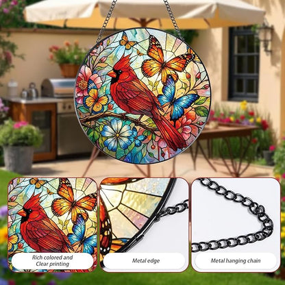 Rngmsi Stained Glass Window Hanging, 7.8″ Cardinal Sun Catchers with Hook Indoor Window Bird Butterfly Decor, Decorative Suncatchers Hanging Ornaments Home Garden Art Gift for Housewarming
