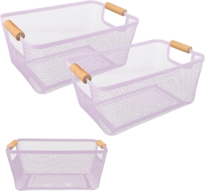 PTSGCAI 2Pack Metal Mesh Steel Basket with Bamboo Handle - Wire Metal Basket for Kitchen Organization, 12" Wide Food Organizer Bin, Perfect for Organizing Bulk Pantry (Purple)