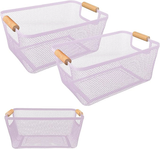 PTSGCAI 2Pack Metal Mesh Steel Basket with Bamboo Handle - Wire Metal Basket for Kitchen Organization, 12" Wide Food Organizer Bin, Perfect for Organizing Bulk Pantry (Purple)