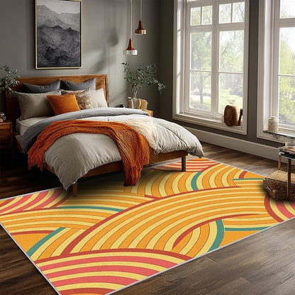 Mid Century Rug 8x10 Retro Abstract Geometric Pattern, Washable Living Room Bedroom Large Area Rugs, Mid Century Decor for Home, Soft Non Slip Indoor Carpet, Low Pile Design & G879