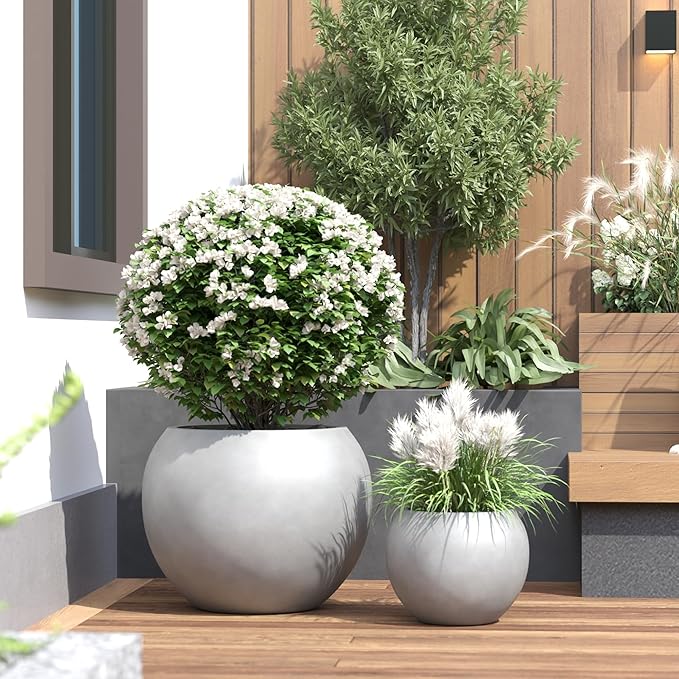 DTY Signature Mount Sherman 19.7''D x 21.7''H Modern Indoor Outdoor Fiberstone Sphere Planter, Durable Round Garden Pot, Weather Resistant, Drainage Hole & Rubber Plug - Large, Gray