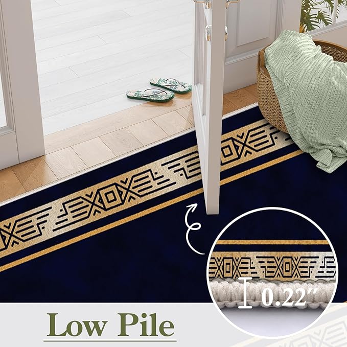 Abstract Navy Blue Runner for Entryway, 3.3x7ft, Retro Luxury Gold Geometric Border Living Room Rug, Print Fade Resistant Absorbent Dirty Resistant Long Indoor Rugs for Bedside Sofa