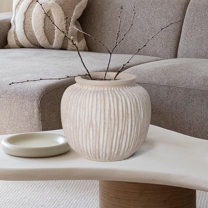 Oakrain Large Rustic Minimalist Vase, 9" Distressed Round Floor Vase for Home Decor, Farmhouse Centerpieces Planters for Living Room Indoor Outdoor Use, Vintage White