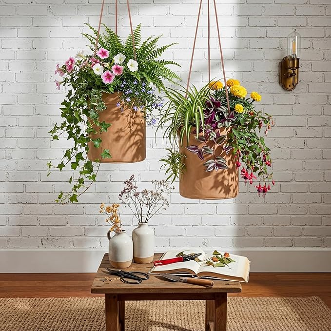 2 Pcs Waxed Canvas Hanging Planter 6'' Sphere Dijon Yellow Hanging Basket Flower Pot Floor Plant Holder Decorative Container for Indoor Outdoor Plants