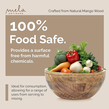 Mela Artisans Wooden Fruit Bowl | Light Burnt Finish | 9” Decorative Mango Wood Serving Bowl | Multipurpose for Kitchen Countertop | Salad | Dessert | Snacks | Breads & More | Natural Grain Pattern