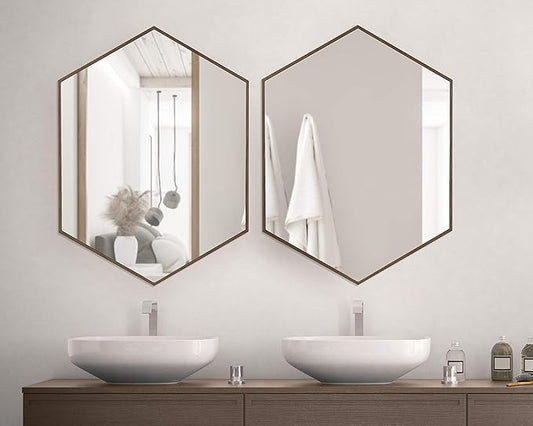 Kate and Laurel Rhodes Mid-Century Modern Hexagon Wall Mirror, Walnut Brown, 31x22-Inches