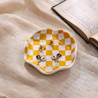 Koythin Ceramic Jewelry Tray, Checkered Pattern Aesthetic Decorative Trinket Dish for Rings, Earrings Necklaces Bracelet Watch Holder, Small Key Bowl, Birthday Mother's Day for Women (Orange)