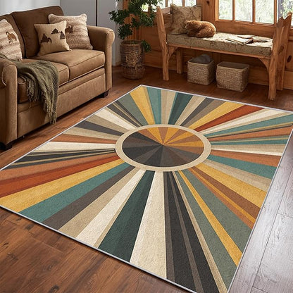Cool Sun Rug, 5x7 Area Rugs Boho Striped Vintage Country Pattern for Living Room, Bedroom, Cool Sun Home Decor Accessories Indoor Carpet, Non Slip & Machine Washable