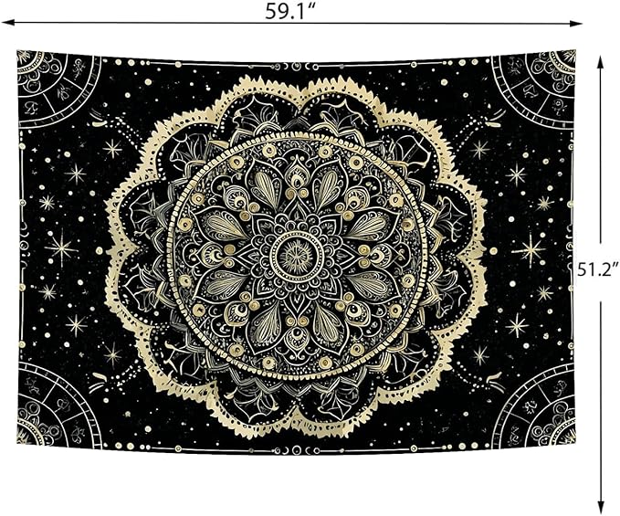 Delur Black and Gold Mandala Tapestry Astrology Space Hippie Bohemian Floral Medallion Tapestry Wall Hanging Aesthetic Indian Psychedelic Headboard for Bedroom Living Room Home Decor (51.2" x 59.1")