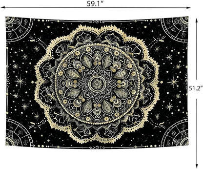 Delur Black and Gold Mandala Tapestry Astrology Space Hippie Bohemian Floral Medallion Tapestry Wall Hanging Aesthetic Indian Psychedelic Headboard for Bedroom Living Room Home Decor (51.2" x 59.1")