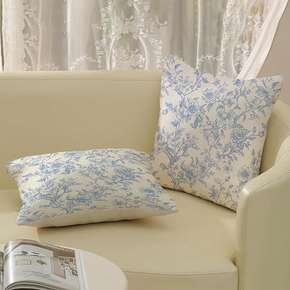 Baby Blue Pillow Covers 18x18 Set of 2 Blue and Cream Floral Chinoiserie Throw Pillows Vintage Rustic Toile Flower Decorative Pillowcase Outdoor Chinoiserie Decor Cushion Case for Couch Sofa