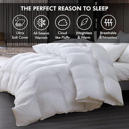 Luxurious Oversized King 108" x 98" Size Goose Down Fiber Waterfowl Feather Fiber Comforter Duvet, 100% Egyptian Cotton Cover, 65 oz. Fill Weight, Baffle Box Design, White Solid