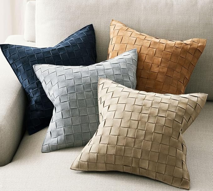 Genuine Lamb Leather Cushion Pillow Cover - Luxury Leather Pillow Case - Modern, Boho, Farmhouse Home Decor - Bedroom Couch, Living Room, Sofa Bed (Basketweave - Navy, 18" x 18")