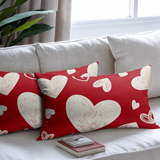 Valentines Day Pillow Covers 12x20 Set of 2 Red Love Print Decorative Outdoor Heart Throw Pillow Cases Rustic Holiday Decoration Farmhouse Sofa Couch Cushion Cover Bed Decor