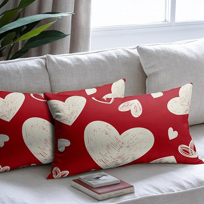 Valentines Day Pillow Covers 12x20 Set of 2 Red Love Print Decorative Outdoor Heart Throw Pillow Cases Rustic Holiday Decoration Farmhouse Sofa Couch Cushion Cover Bed Decor
