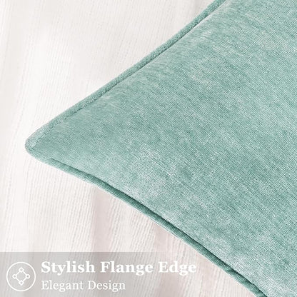 decorUhome Spring Couch Euro Sham Throw Pillow Covers 24x24 Set of 2, Decorative Soft Velvet Neutral Chenille Pillow Covers with Elegant Design for Sofa Bed Living Room Home Decor, Aqua Haze