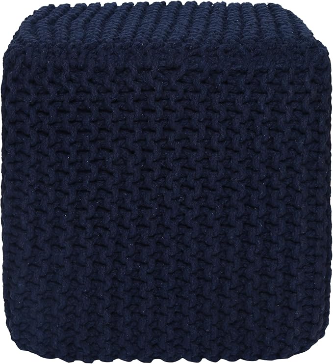 REDEARTH · Square Hand Knitted Pouf - Foot Stool Ottoman Coffee Table - Cotton Cord Boho Pouffe - Poof Accent Footrest for Living Room - Bedroom - Library (16" x 16" x 16") - Navy Blue, Set of 2
