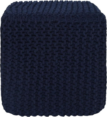 REDEARTH · Square Hand Knitted Pouf - Foot Stool Ottoman Coffee Table - Cotton Cord Boho Pouffe - Poof Accent Footrest for Living Room - Bedroom - Library (16" x 16" x 16") - Navy Blue, Set of 2