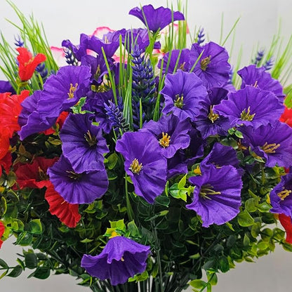 Artificial Silk Flowers for Outdoor Decoration,12 Bundles Faux Flowers Colorful Morning Glory with Eucalyptus Fake Plants Greenery UV Resistant for Outside Front Door Planter Porch Patio Yard