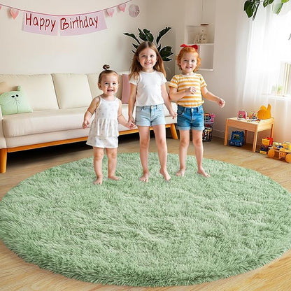 Round Fluffy for Bedroom Rugs, 4Ft Sage Green Shag Circle Rug Non-Slip for Kids Girls Boys Bedroom Dorm Nursery Playroom, Soft Cute Area Rugs for Living Room Decor