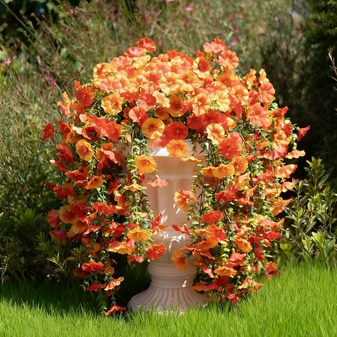 2 PCS Artificial Hanging Fall Flowers for Outdoor Decoration, UV Resistant Realistic Silk Morning Glory with Eucalyptus for Autumn Home Decor Porch Balcony Garden Planter(Orange Yellow)