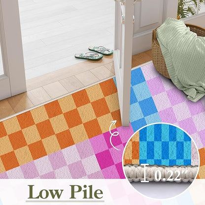 Multicolored Checkerboard Grid Runner for Entryway, 4x10ft, Boho Colorful Checkered Pattern Kids Playing Mat, Cozy Soft Absorbent Reduce Noise Rugs, Durable Washable Carpet for Family