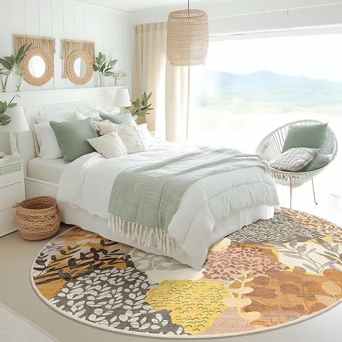 DEXDE Round Rug 6ft Washable Circle Area Rugs Non Slip Low Pile Boho Floral Large Circular Carpet for Bedroom Bathroom Entryway Kids Room Office Dining Room,Camel