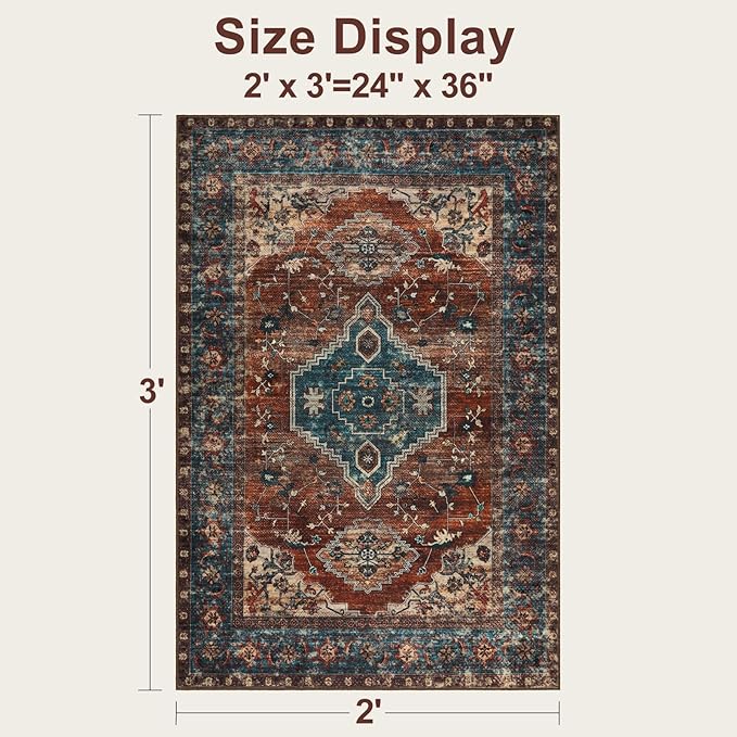 Tangsoo Oriental 2x3 Washable Rugs for Entryway Vintage Non Slip Small Area Rug, Indoor Front Door Rug, Print Door Mat Indoor Entrance Soft Low Pile Throw Rug for Entry Kitchen Bedroom Bathroom