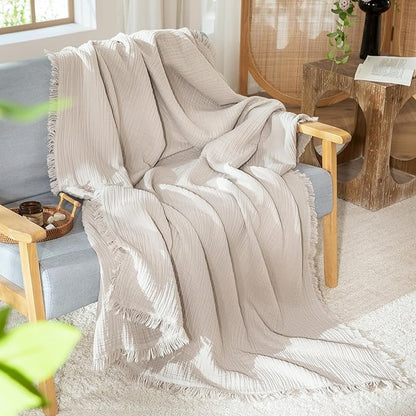MooMee Muslin Blanket - 100% Cotton 4-Layer Gauze Throw Blanket with All-Around Fringe, Ultra-Soft Breathable Lightweight Cooling Decorative for Bed, Sofa & Couch (Cream Grey, Queen 90" x 90")