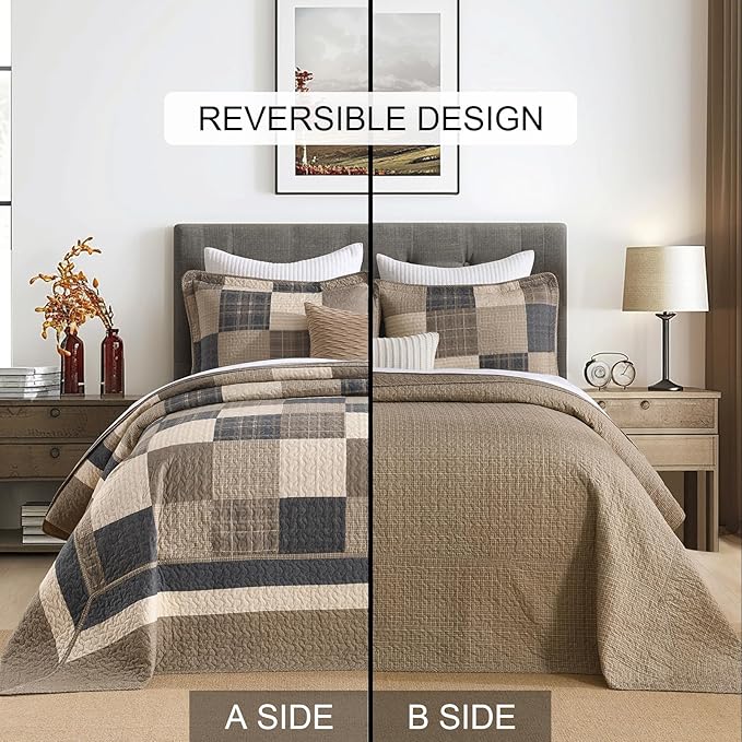 100% Cotton 120"x102" Oversized Quilt Bedspread, Plaid Pattern Oversized Queen Extra Large Quilt Bedding Set, Reversible XL Bed Spread Lightweight Comforter, Brown/Beige/Cream, 3Pcs