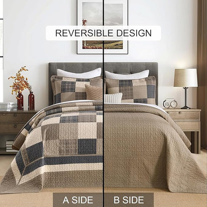 100% Cotton 120"x102" Oversized Quilt Bedspread, Plaid Pattern Oversized Queen Extra Large Quilt Bedding Set, Reversible XL Bed Spread Lightweight Comforter, Brown/Beige/Cream, 3Pcs