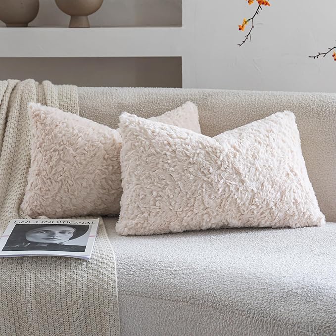 Neelvin Set of 2 Faux Fur Throw Pillow Covers 12x20 Inch Beige Cozy Soft Solid Decorative Pillowcases Thick Plush Sheepskin Cushion Case for Chair and Couch Sofa Bedroom