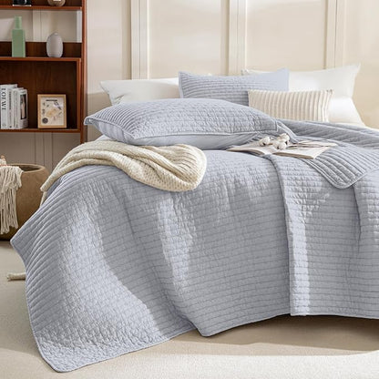 Sanracie Cotton Oversized King Bedspread(128"x120"), Cornflower Blue Soft Stonewashed Extra Large Wide Oversized Quilt Set Cross Stitch Lightweight Crinkle Coverlet Set 3Pcs for All Season