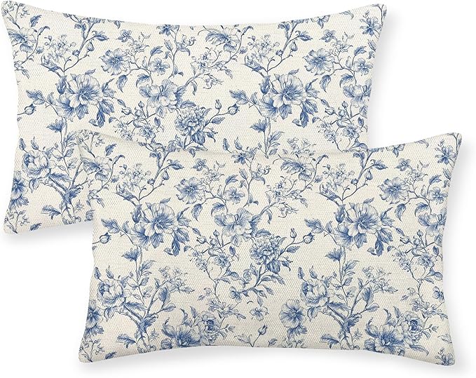 Blue Pillow Covers 12x20 Set of 2 Chinoiserie Blue and Cream Floral Throw Pillows Vintage Rustic Toile Flower Decorative Pillowcase Outdoor Chinoiserie Decor Lumbar Cushion Case for Couch Bed