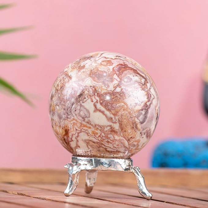 Crocon 45mm Rosetta Jasper Stone Sphere Ball with Metal Stand 1400+ Carats Gemstone Ball Healing Sphere Sculpture Figurine for Fengshui Divination Home Decoration Photography Crystal Sphere