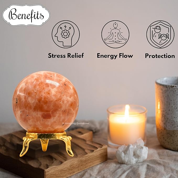 Amazing Gemstone Sunstone Crystal Ball with Stand - 1.5 Inches Crystal Sphere Meditation Balls for Witchcraft and Decorative Balls
