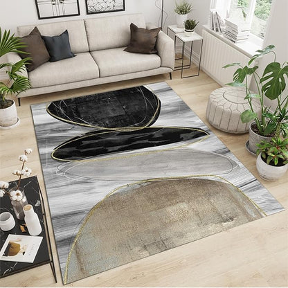 Nordic Light Luxury Gray Pebbles Gold Line Area Rug, Mid-Century Abstract Black Brown Circle Outdoor Carpe, Machine Washable Breathable Durable Carpet for Front Entrance Floor Decor,5 x 7ft