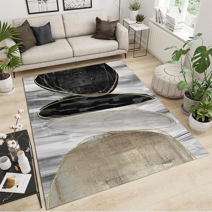 Nordic Light Luxury Gray Pebbles Gold Line Area Rug, Mid-Century Abstract Black Brown Circle Outdoor Carpe, Machine Washable Breathable Durable Carpet for Front Entrance Floor Decor,4 x 6ft