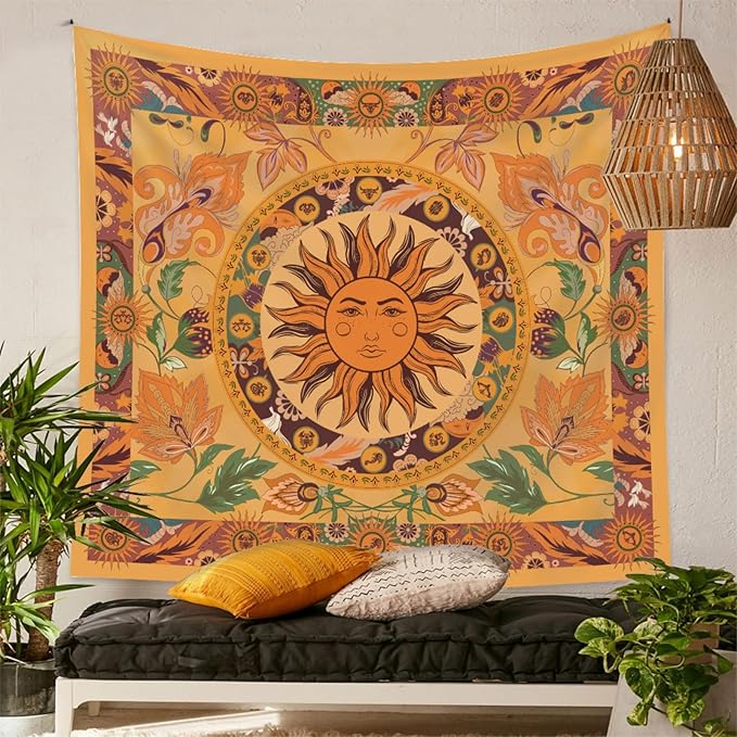 Boho Sun Tapestry Vintage Yellow Tapestry Retro Sunflowers Aesthetic Easy Installation HD Digital Print Wall Hanging for Bedroom Living Room Dorm Home Decor(Organe Sun, 60"x80")