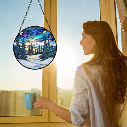 DASTOLL Stained Glass Window Hanging, Starry Sky Trees and Snow Sun Catchers Glass Panel Blue Suncatcher Decor for Birthday for Women, Men, Wife, Aunt, and Mom 11.8x11.8 in