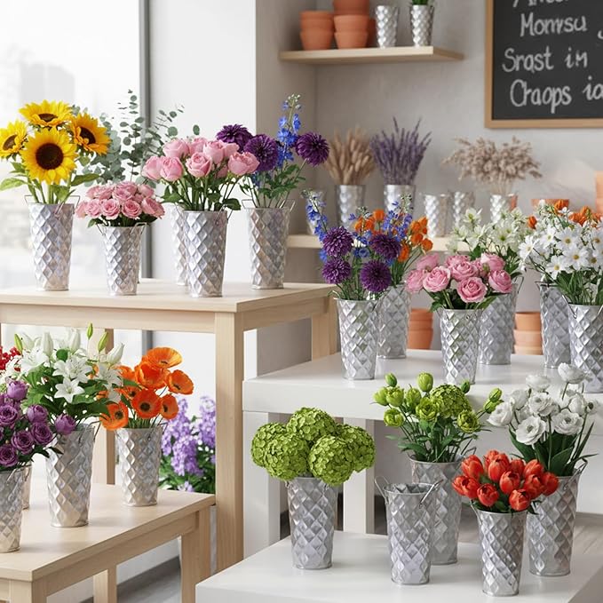 12 Pcs Silver Metal Flower Vases 9 Inch Galvanized Flower Bucket Spring Farmhouse French Bucket with Handles, Floral Vases for Centerpiece Bar Wedding Bouquet Table Decoration Supplies