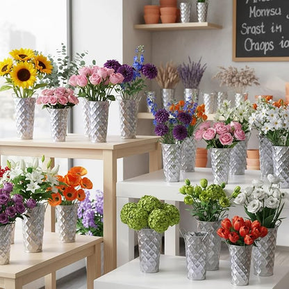 12 Pcs Silver Metal Flower Vases 9 Inch Galvanized Flower Bucket Spring Farmhouse French Bucket with Handles, Floral Vases for Centerpiece Bar Wedding Bouquet Table Decoration Supplies
