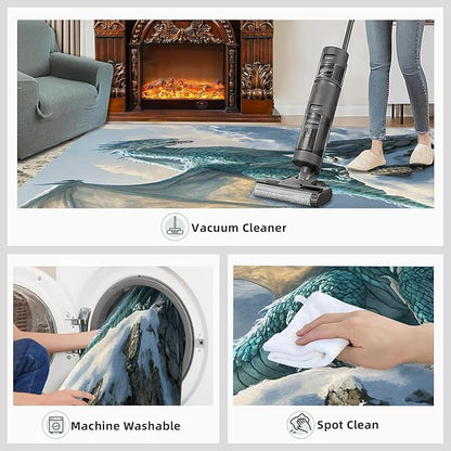 Dragon Area Rug 3x5 Washable Rug Fantasy Animals Rugs for Living Room Winter Landscape Non Slip Carpet Floral Print Mat Bedroom Bathroom