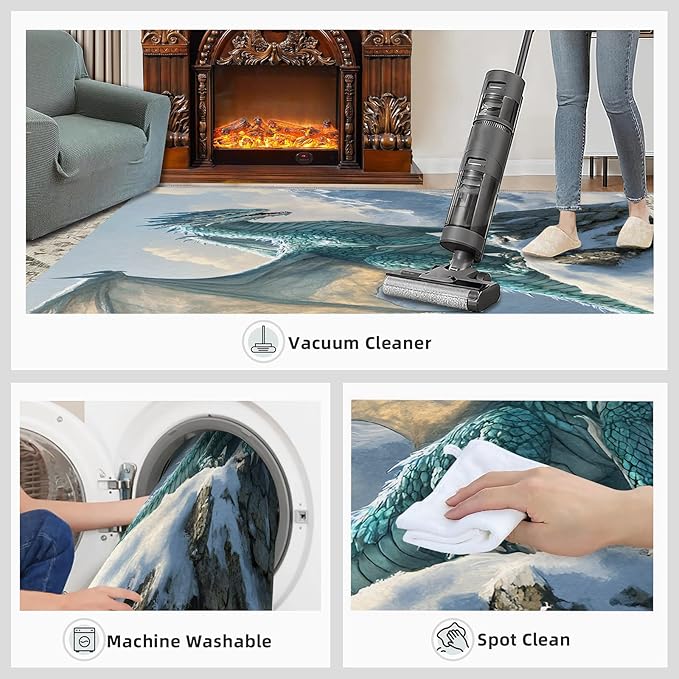 Dragon Area Rug 4x6 Washable Rug Fantasy Animals Rugs for Living Room Winter Landscape Non Slip Carpet Floral Print Mat Bedroom Bathroom